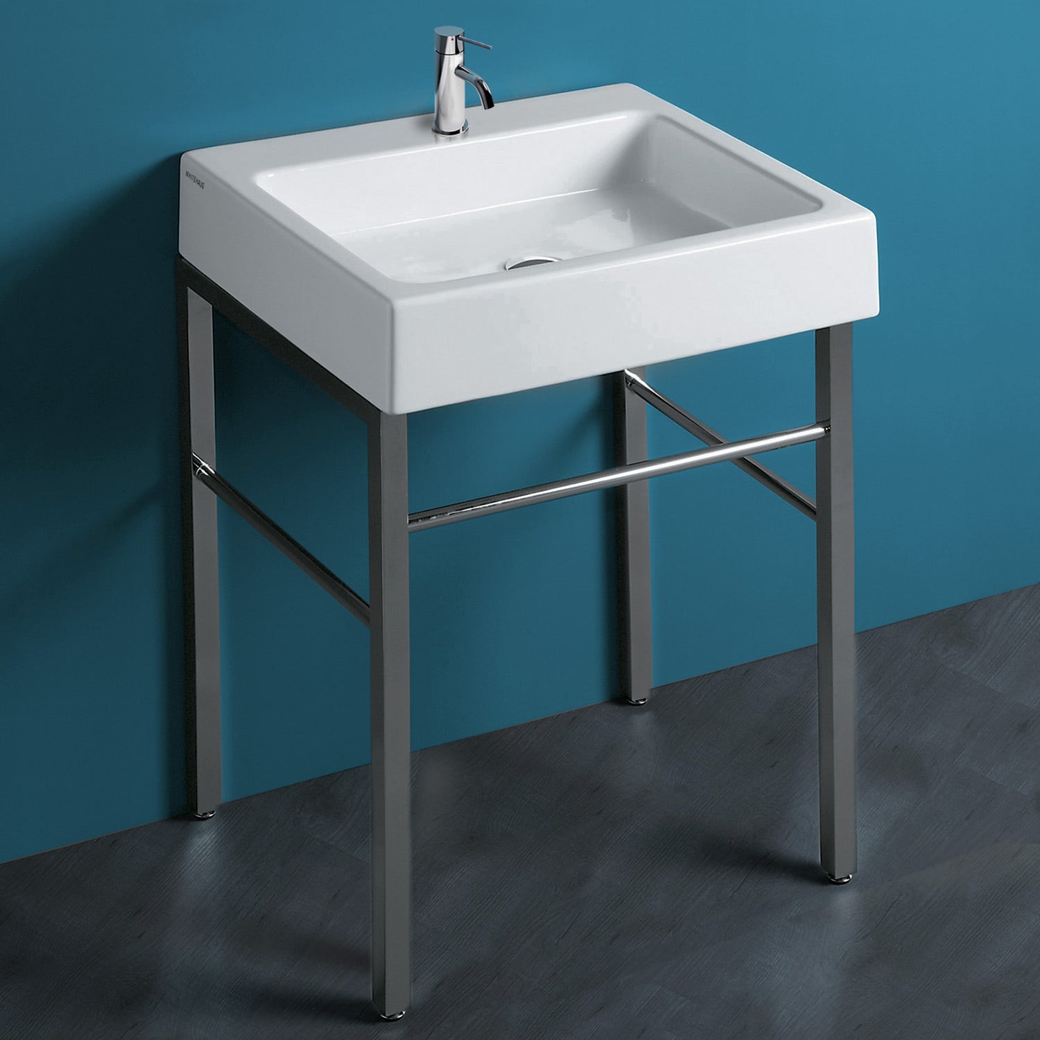 Rectangular Console Sink With Front Towel Bar And Polished Chrome Leg Supports