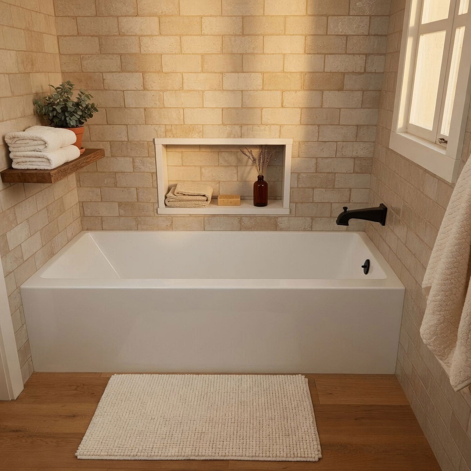 Alcove soaking bathtub with drain hole options