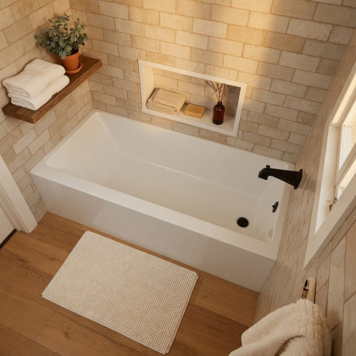 Alcove soaking bathtub with drain hole options