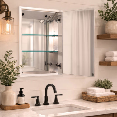Anodized aluminum recessed single mirrored door medicine cabinet with outlet, defogger, led power button and dimmer for light