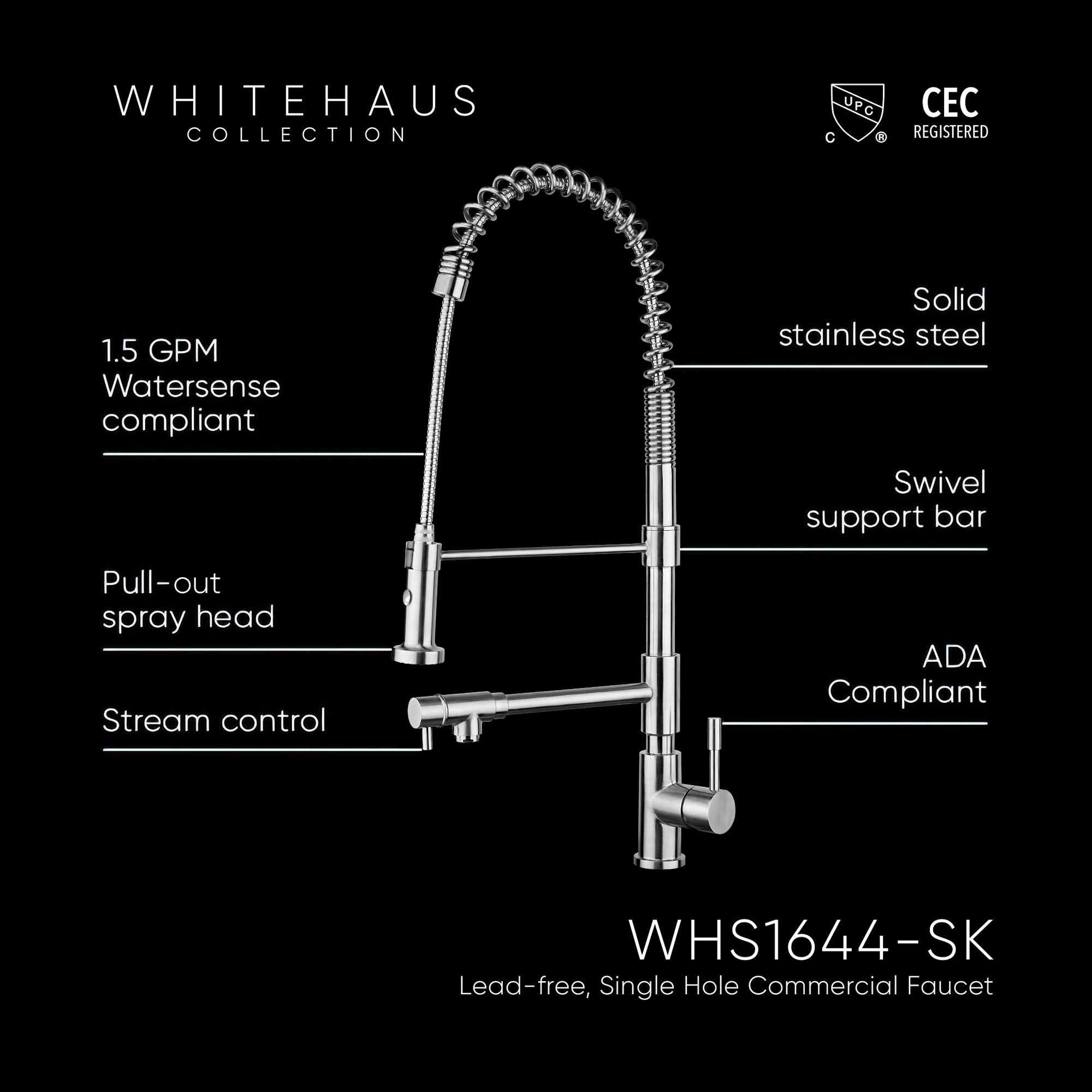 Lead Free, Solid Stainless Steel Commerical Faucet with Flexible Pull Out Spray Head, Swivel Support Bar & Two Control Levers