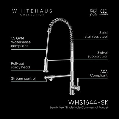 Lead Free, Solid Stainless Steel Commerical Faucet with Flexible Pull Out Spray Head, Swivel Support Bar & Two Control Levers