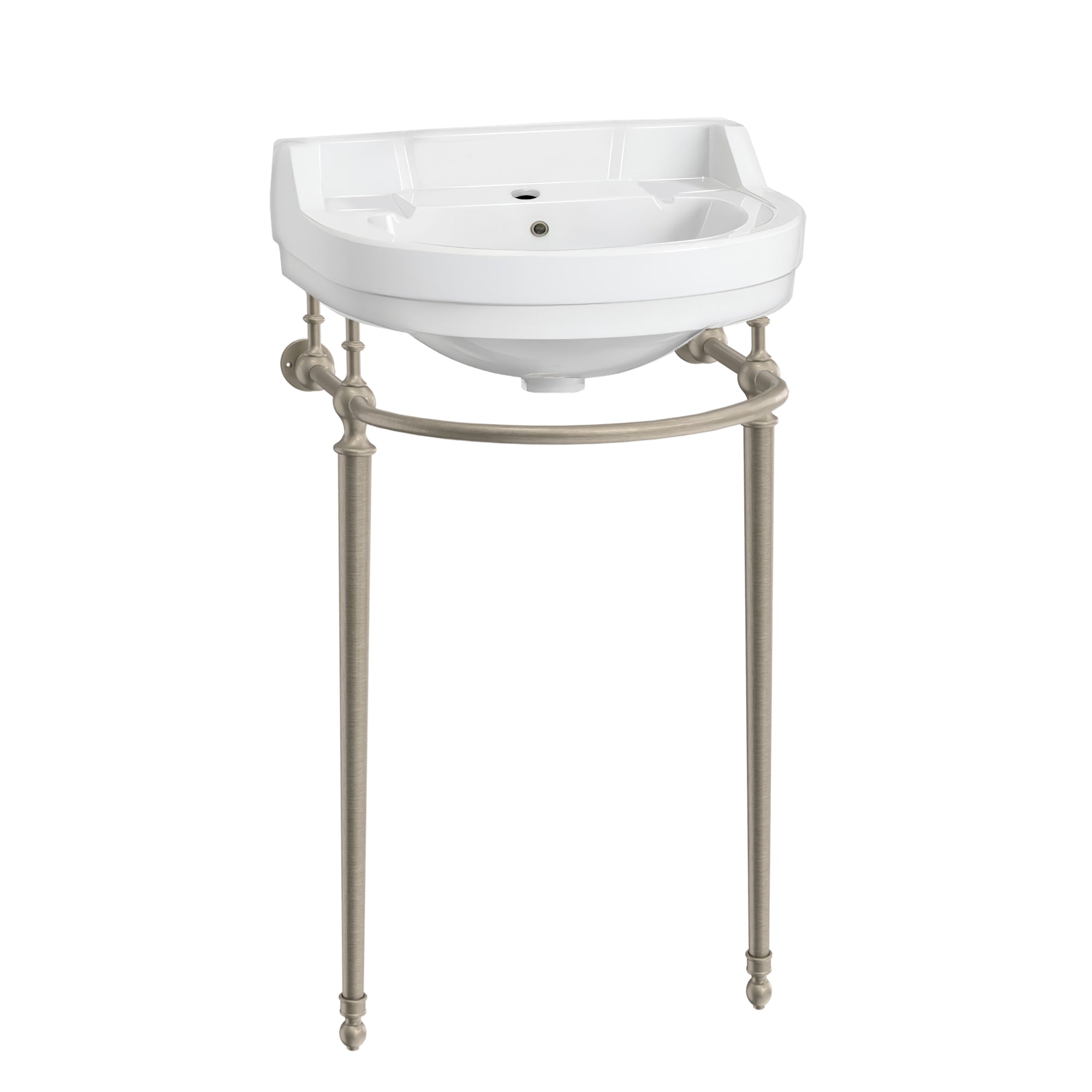 22" console sink with semi-circular bowl, solid brass leg supports and front towel bar