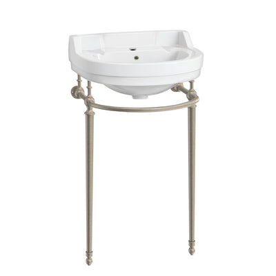 22" console sink with semi-circular bowl, solid brass leg supports and front towel bar