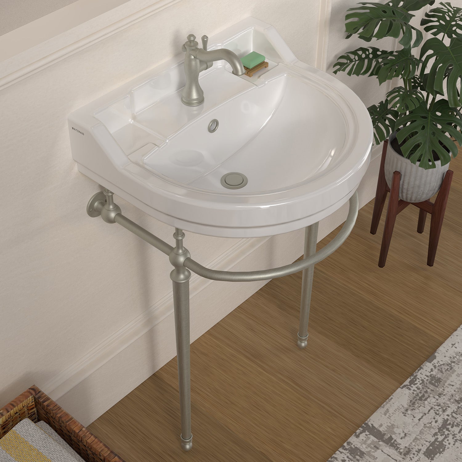 22" console sink with semi-circular bowl, solid brass leg supports and front towel bar