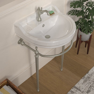 22" console sink with semi-circular bowl, solid brass leg supports and front towel bar
