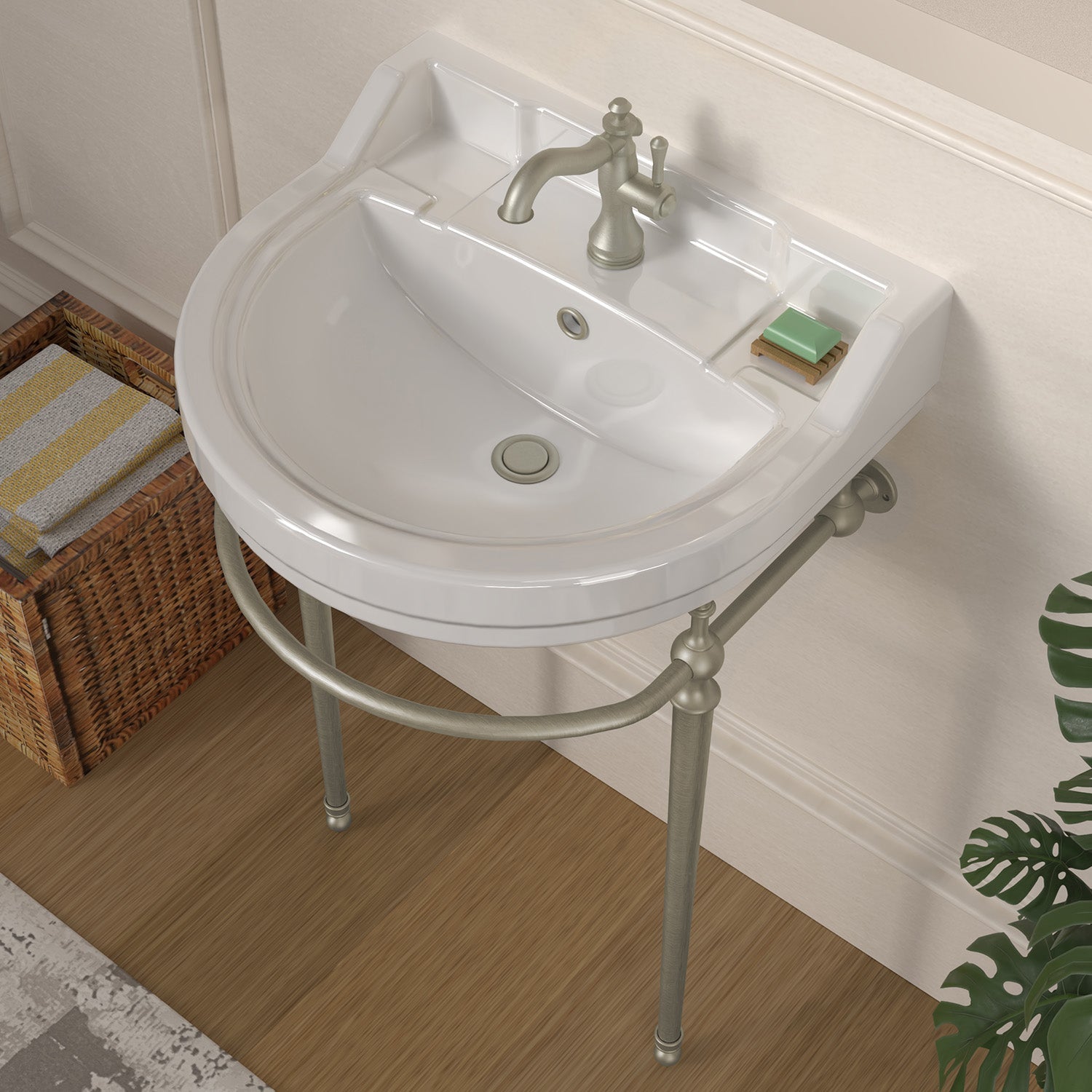 22" console sink with semi-circular bowl, solid brass leg supports and front towel bar