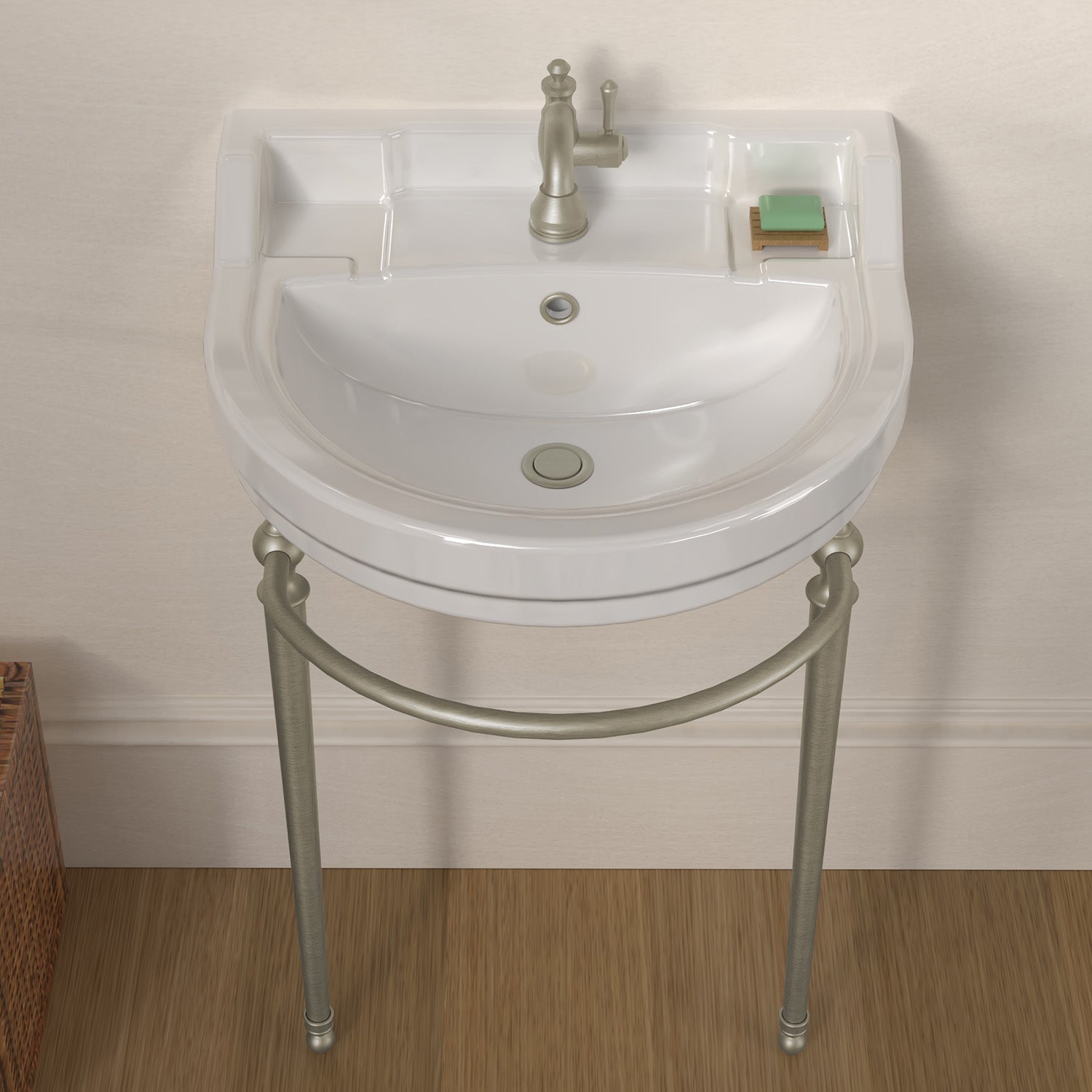 22" console sink with semi-circular bowl, solid brass leg supports and front towel bar