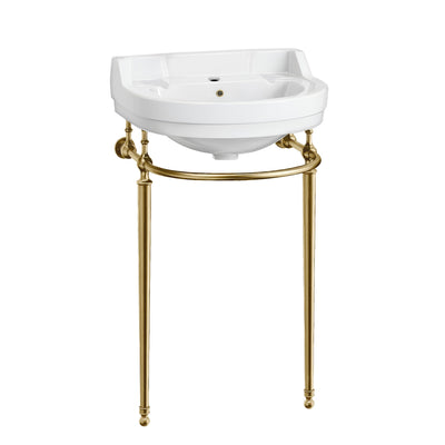 22" console sink with semi-circular bowl, solid brass leg supports and front towel bar