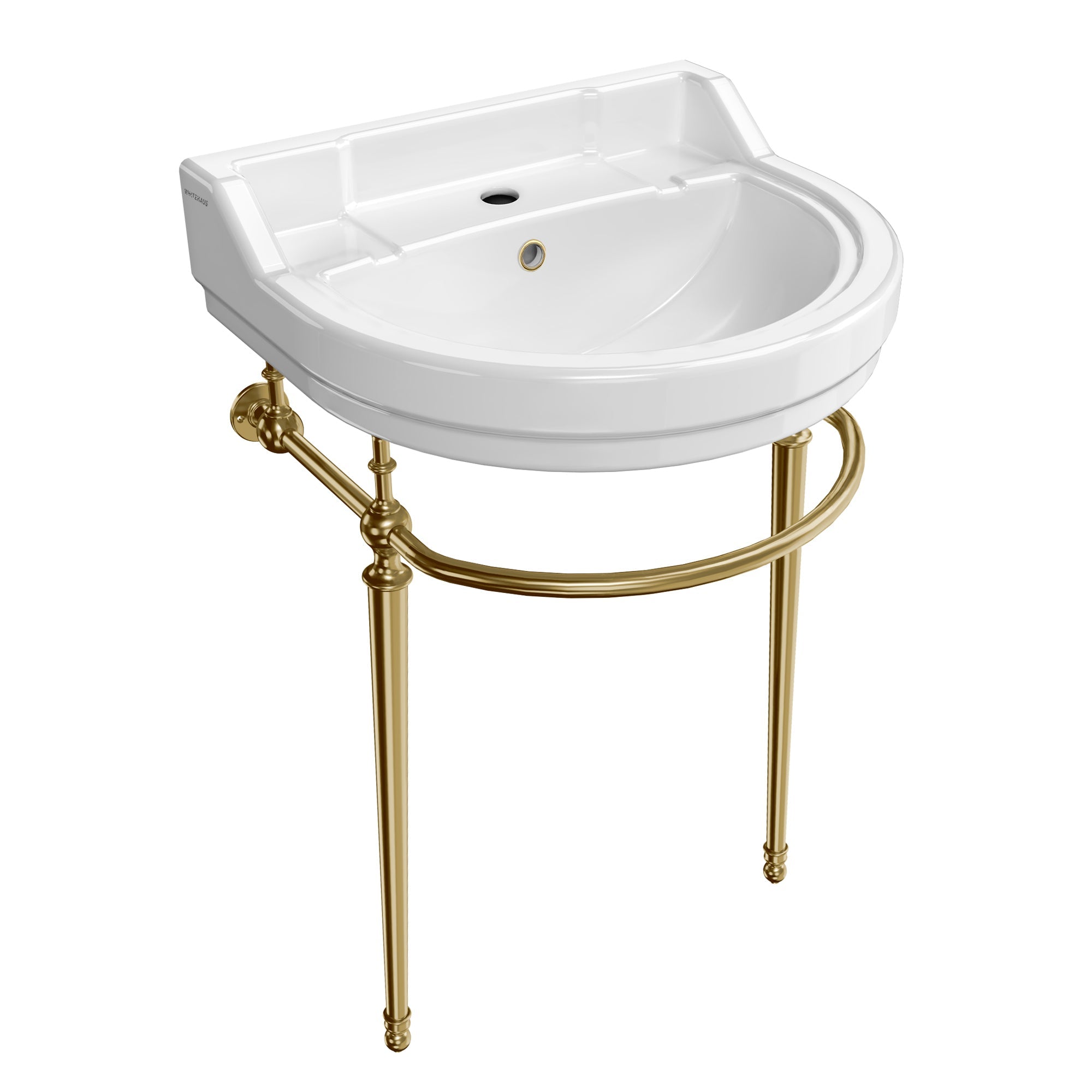 22" console sink with semi-circular bowl, solid brass leg supports and front towel bar