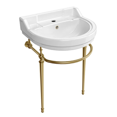 22" console sink with semi-circular bowl, solid brass leg supports and front towel bar