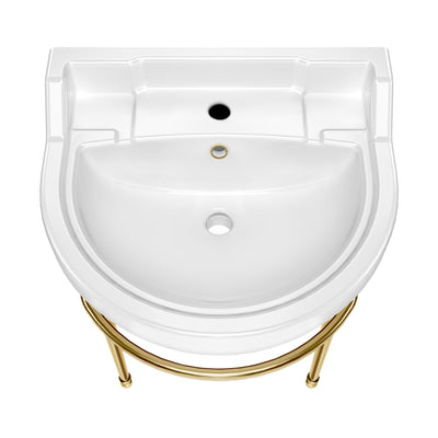 22" console sink with semi-circular bowl, solid brass leg supports and front towel bar