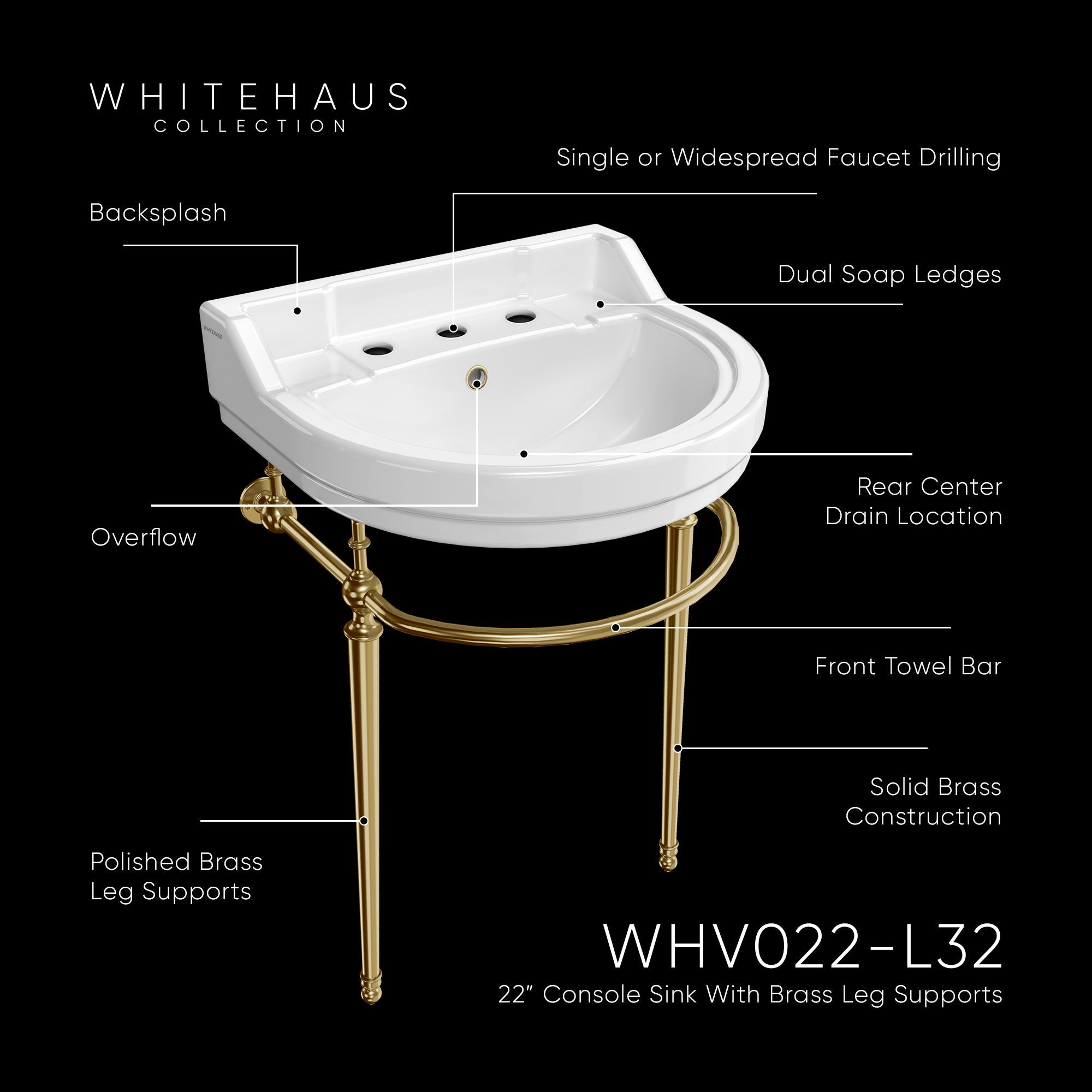 22" console sink with semi-circular bowl, solid brass leg supports and front towel bar