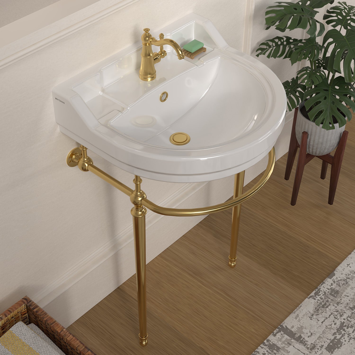 22" console sink with semi-circular bowl, solid brass leg supports and front towel bar
