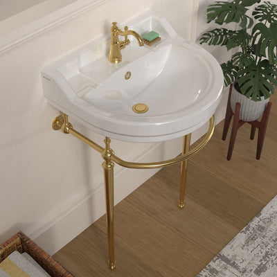 22" console sink with semi-circular bowl, solid brass leg supports and front towel bar