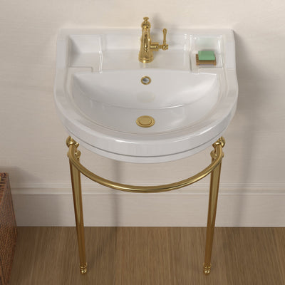 22" console sink with semi-circular bowl, solid brass leg supports and front towel bar