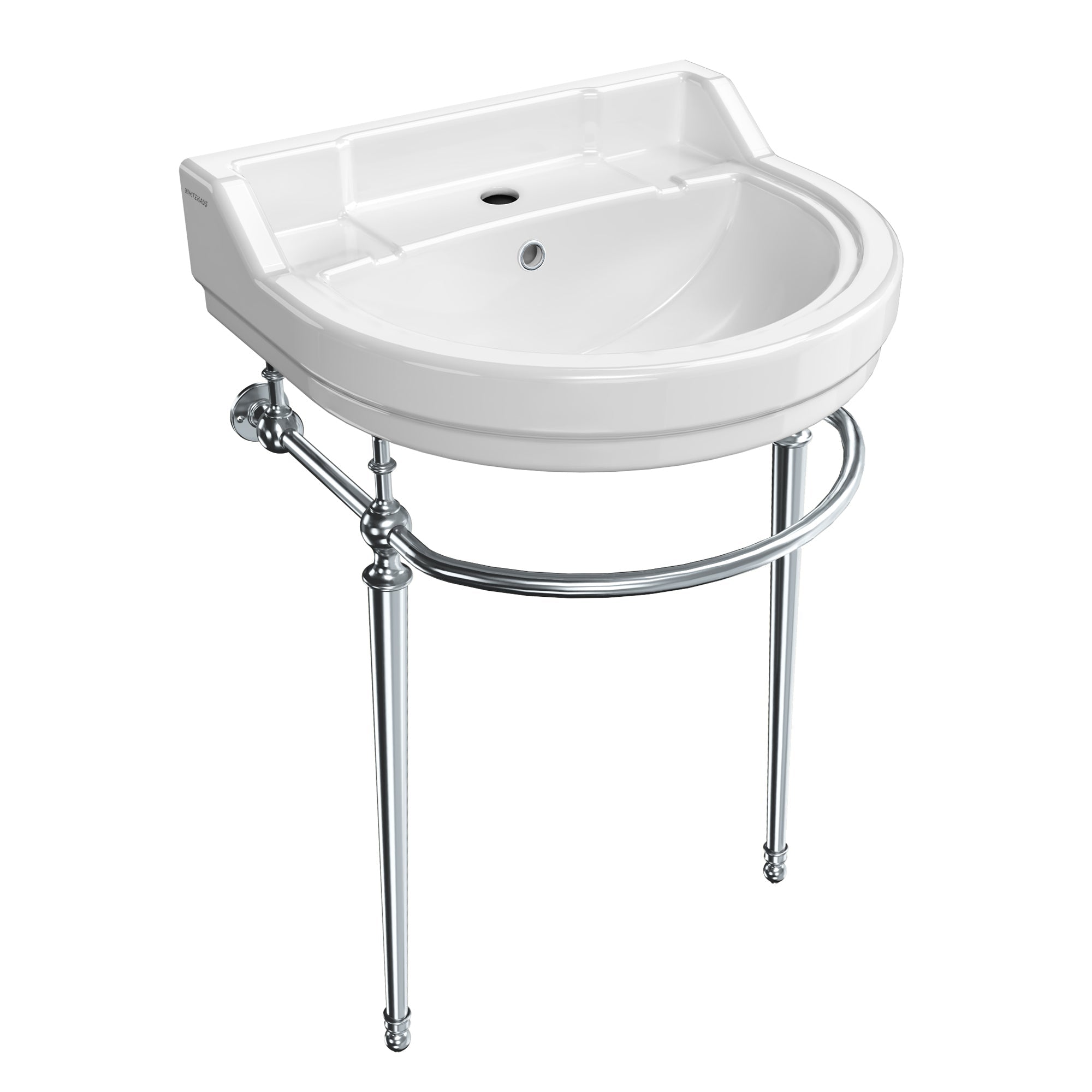 22" console sink with semi-circular bowl, solid brass leg supports and front towel bar