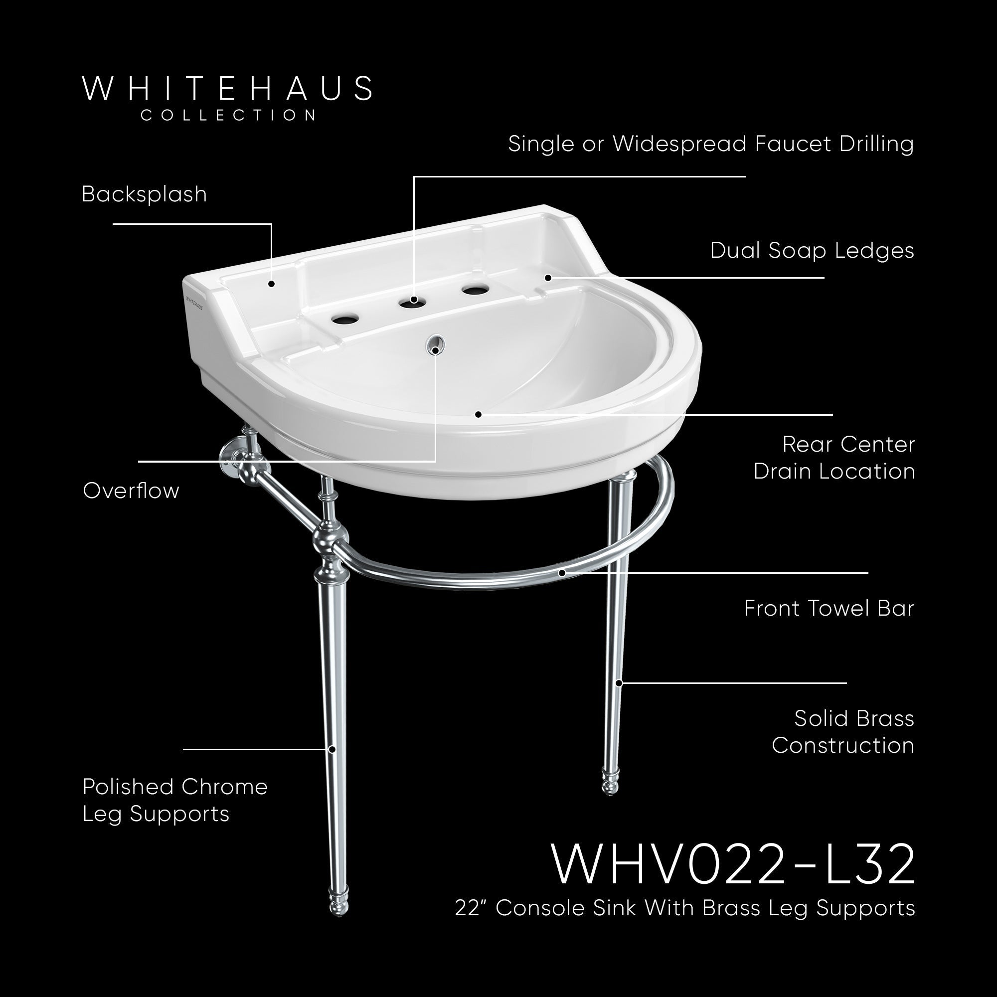 22" console sink with semi-circular bowl, solid brass leg supports and front towel bar
