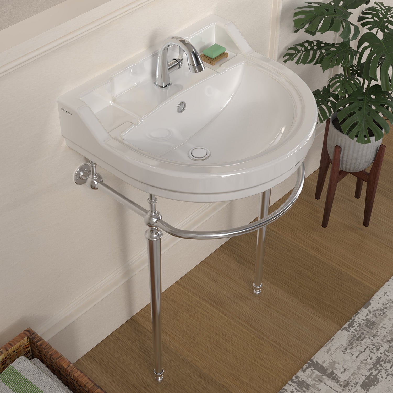 22" console sink with semi-circular bowl, solid brass leg supports and front towel bar