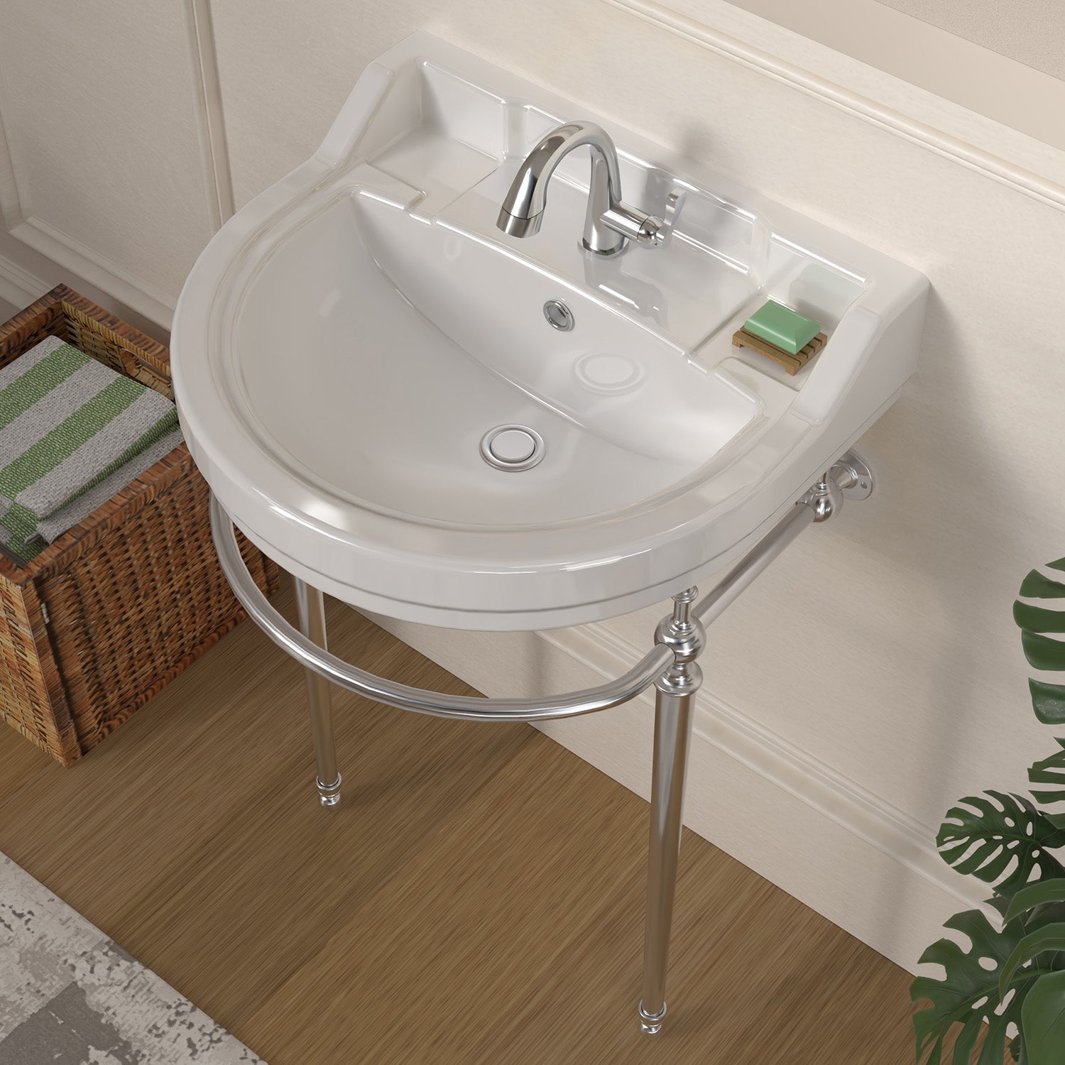 22" console sink with semi-circular bowl, solid brass leg supports and front towel bar