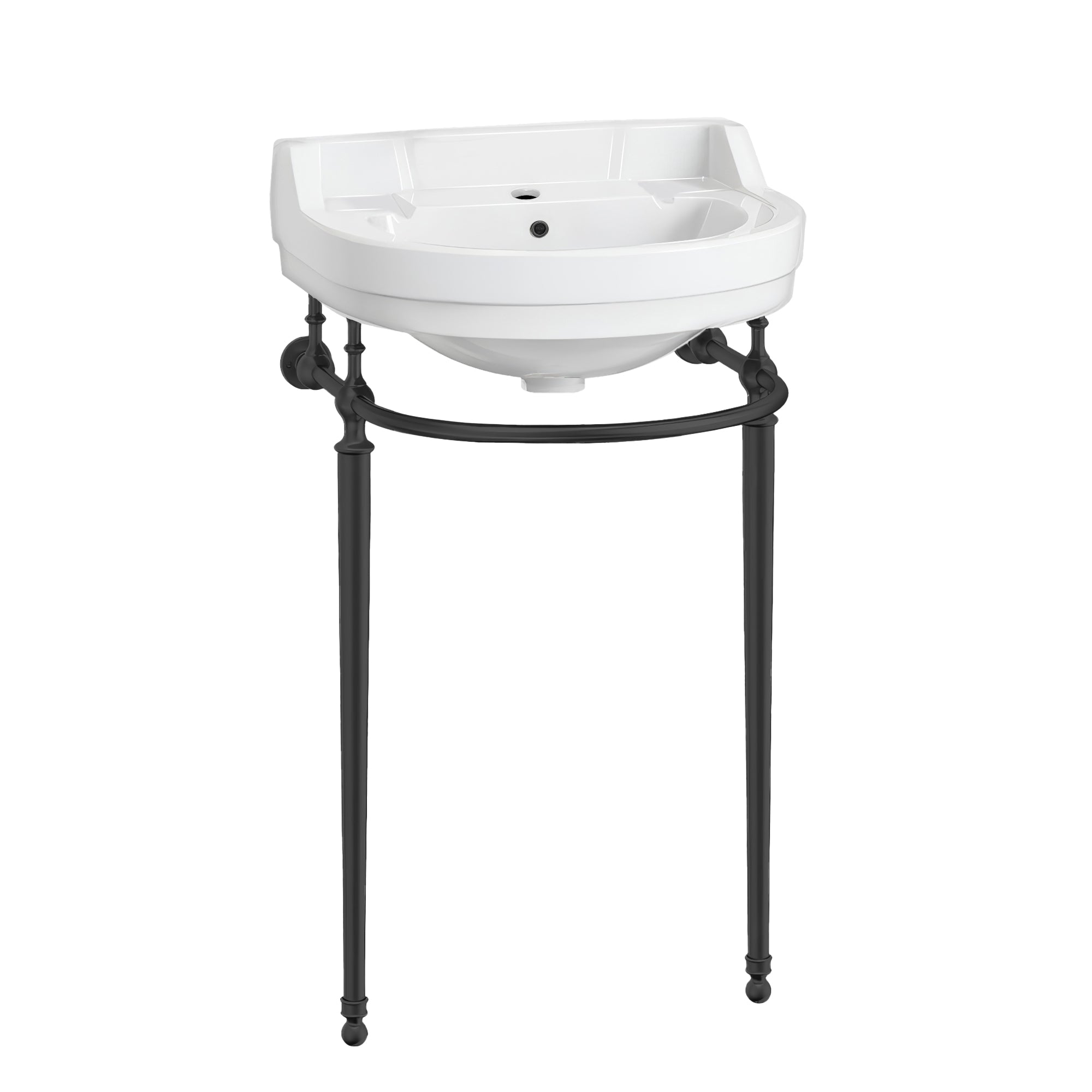 22" console sink with semi-circular bowl, solid brass leg supports and front towel bar