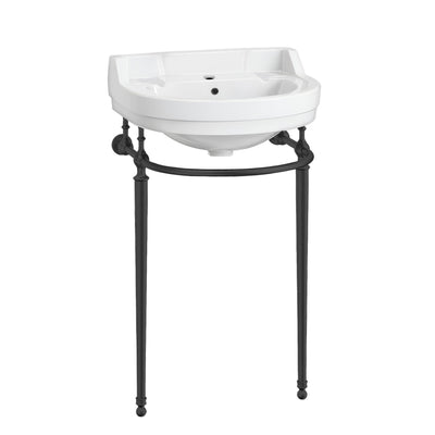 22" console sink with semi-circular bowl, solid brass leg supports and front towel bar