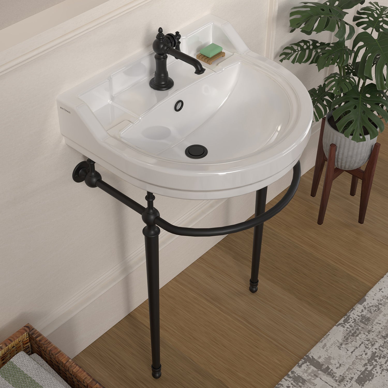 22" console sink with semi-circular bowl, solid brass leg supports and front towel bar