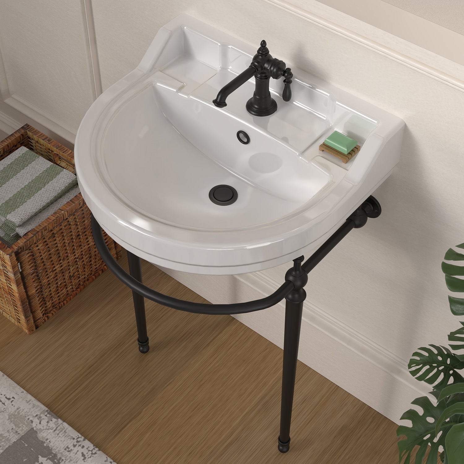 22" console sink with semi-circular bowl, solid brass leg supports and front towel bar
