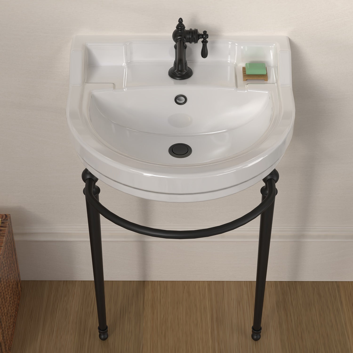 22" console sink with semi-circular bowl, solid brass leg supports and front towel bar