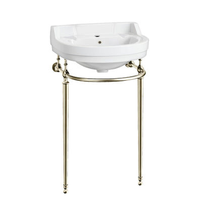 22" console sink with semi-circular bowl, solid brass leg supports and front towel bar