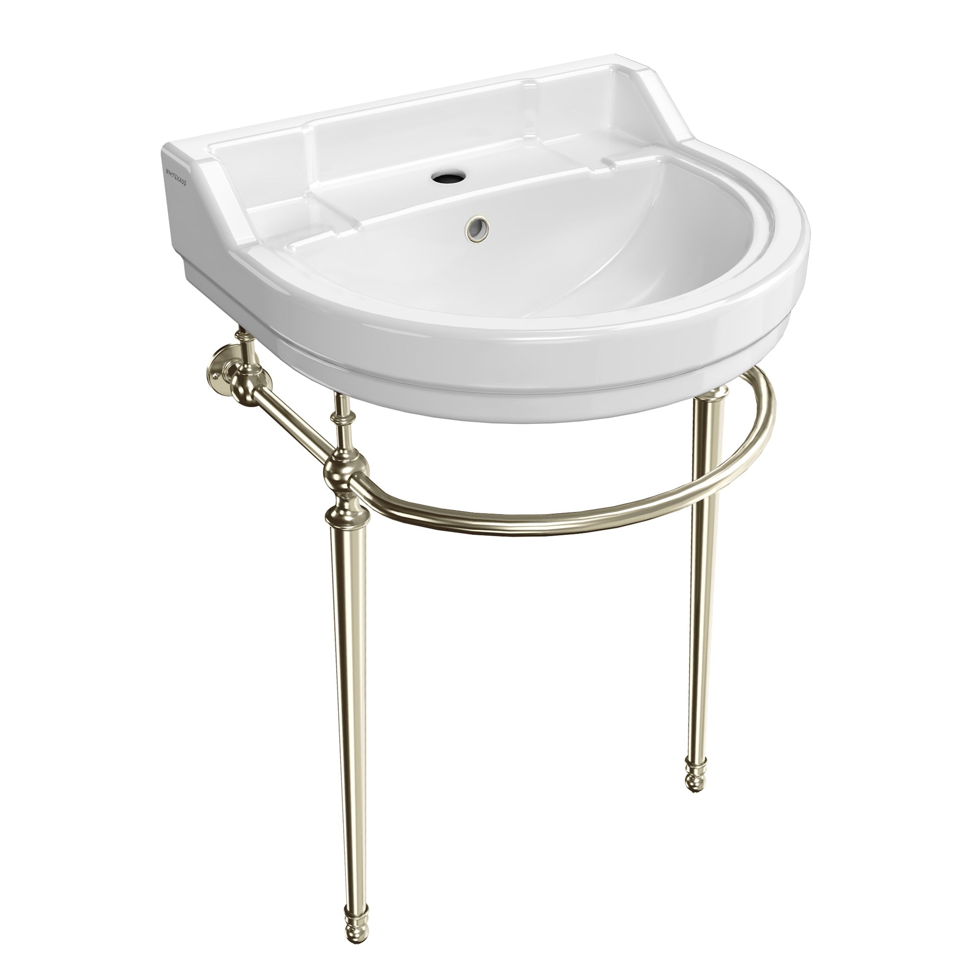 22" console sink with semi-circular bowl, solid brass leg supports and front towel bar