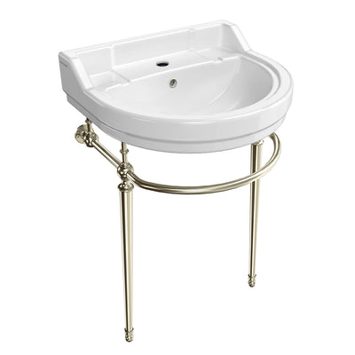 22" console sink with semi-circular bowl, solid brass leg supports and front towel bar