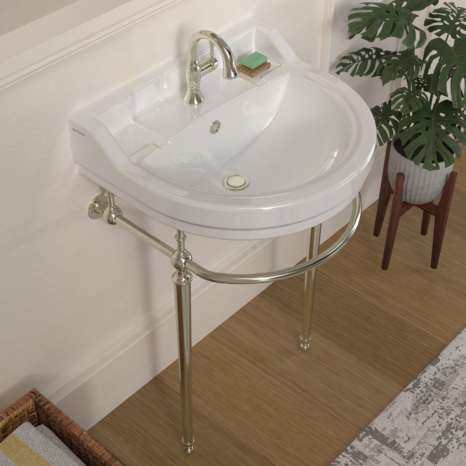 22" console sink with semi-circular bowl, solid brass leg supports and front towel bar