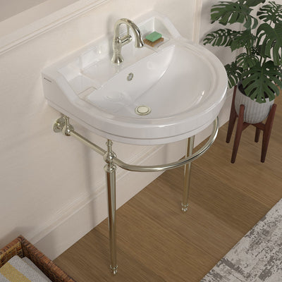 22" console sink with semi-circular bowl, solid brass leg supports and front towel bar