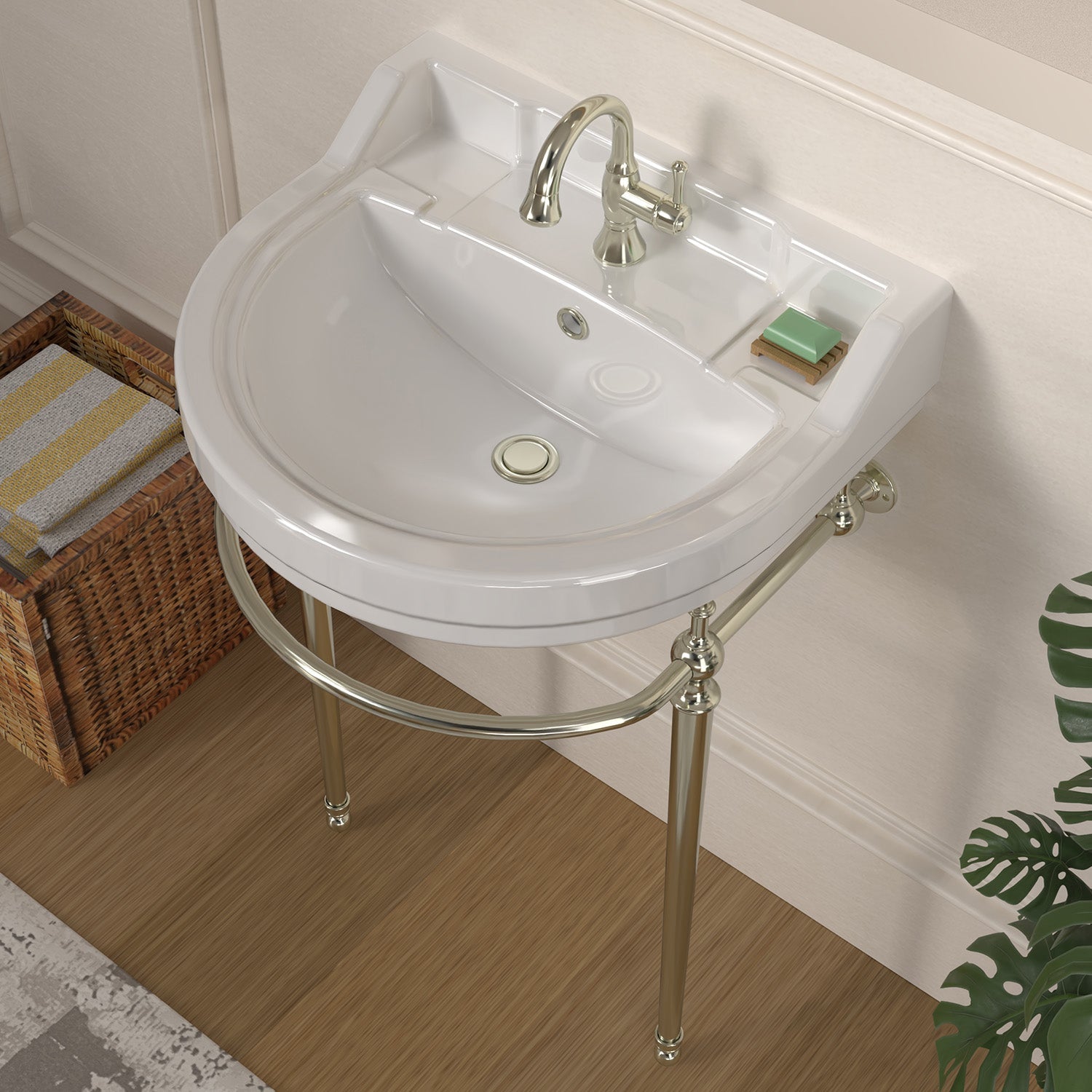 22" console sink with semi-circular bowl, solid brass leg supports and front towel bar