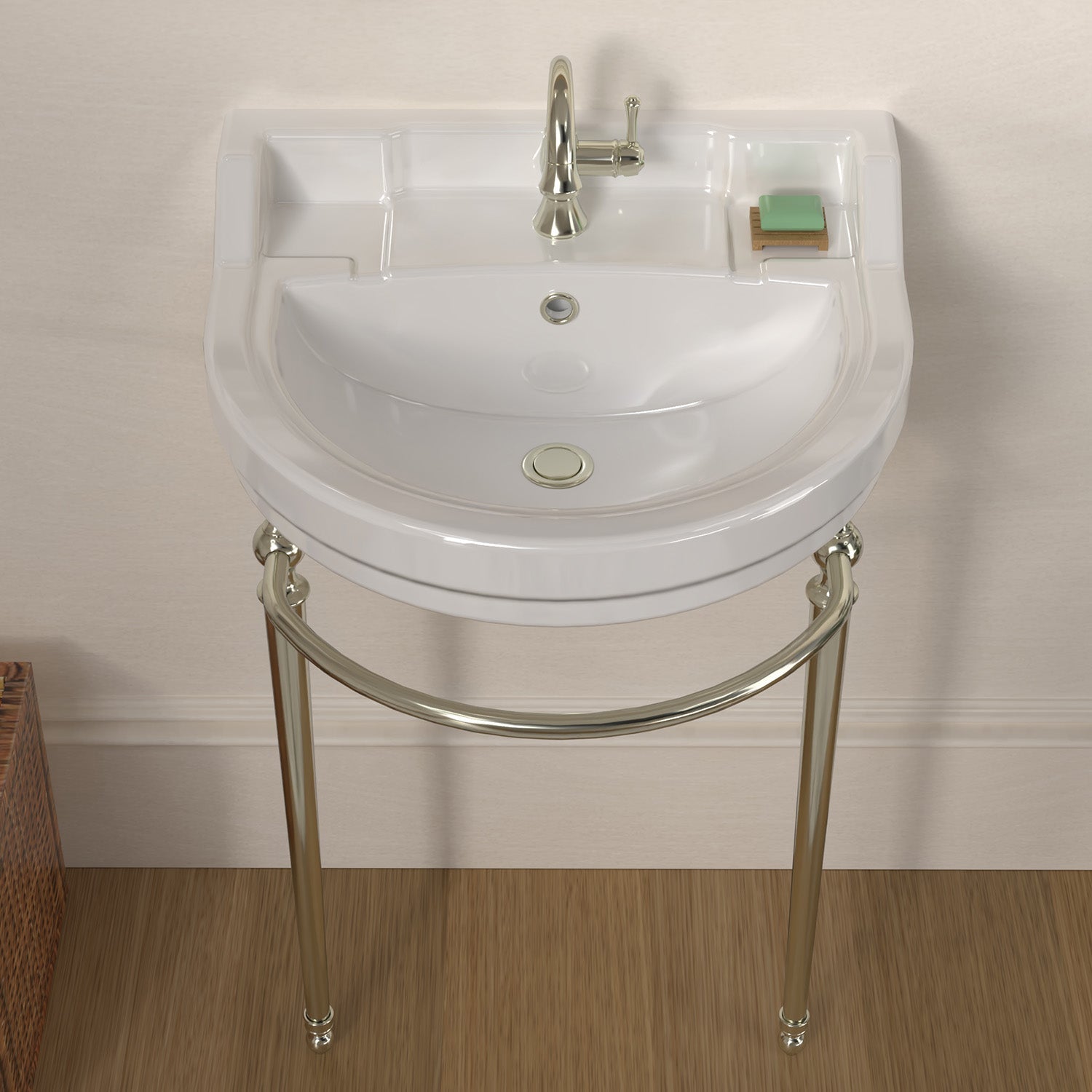 22" console sink with semi-circular bowl, solid brass leg supports and front towel bar