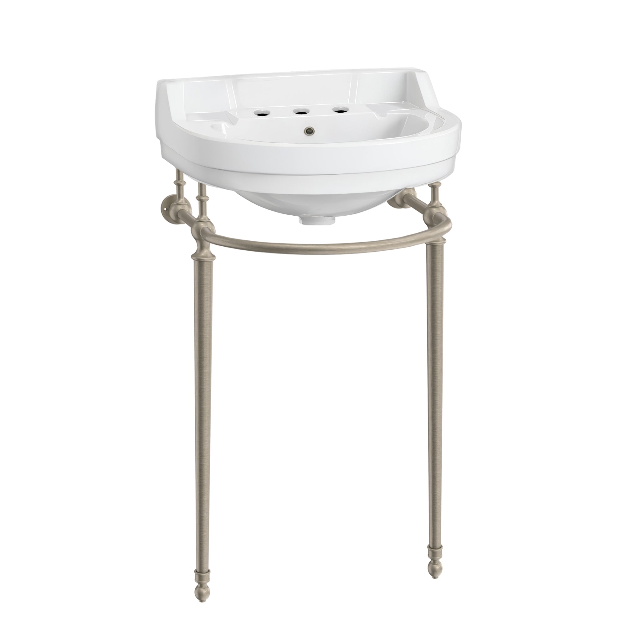 22" console sink with semi-circular bowl, solid brass leg supports and front towel bar