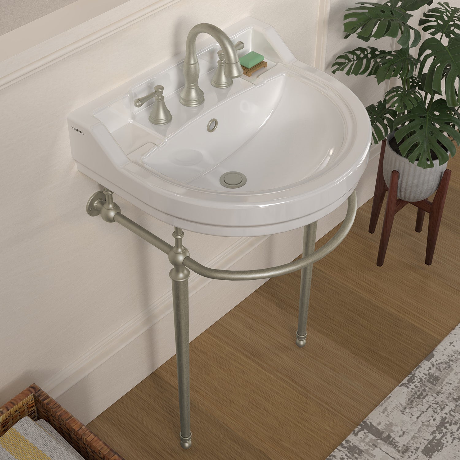 22" console sink with semi-circular bowl, solid brass leg supports and front towel bar