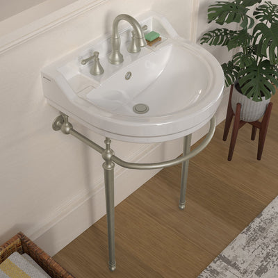 22" console sink with semi-circular bowl, solid brass leg supports and front towel bar