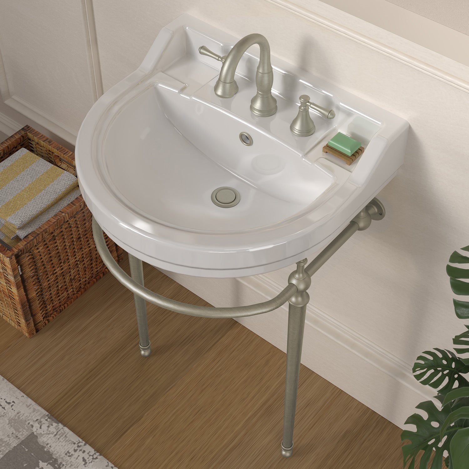 22" console sink with semi-circular bowl, solid brass leg supports and front towel bar
