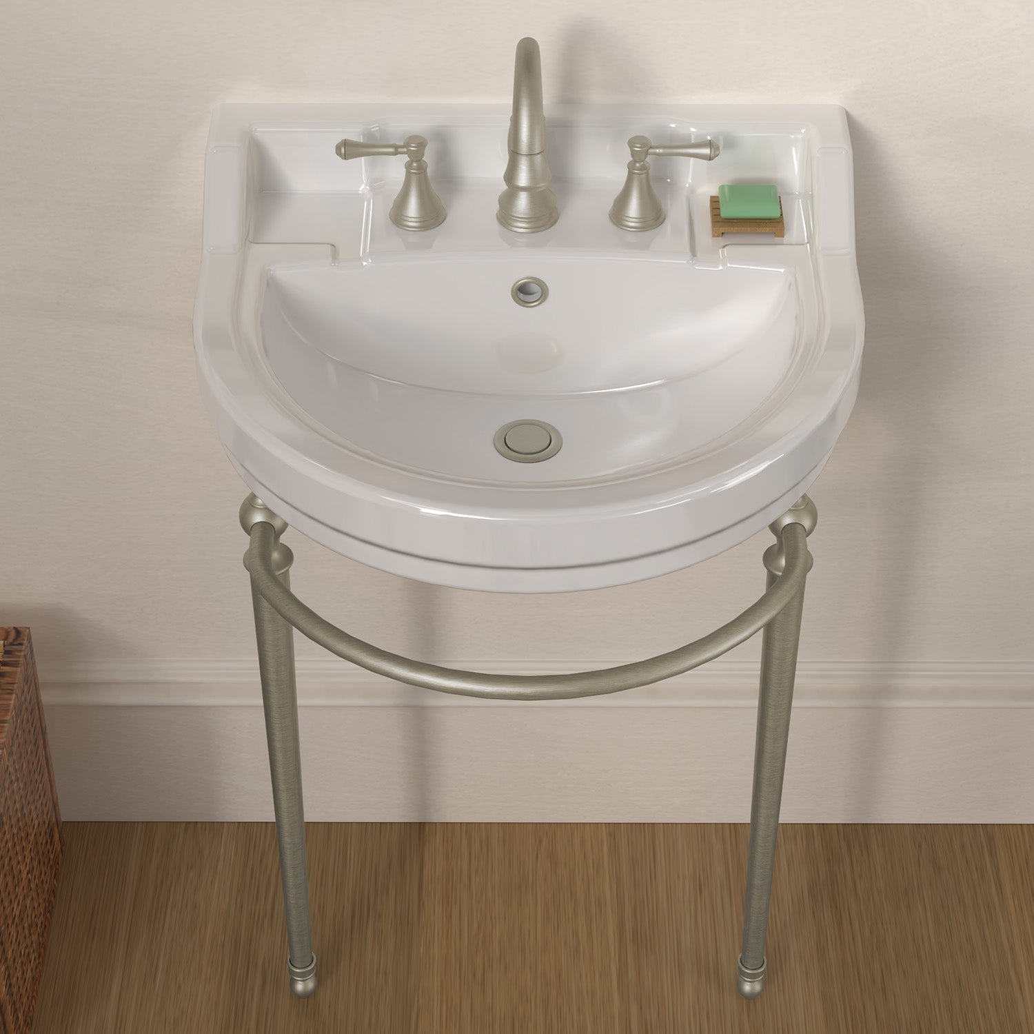 22" console sink with semi-circular bowl, solid brass leg supports and front towel bar