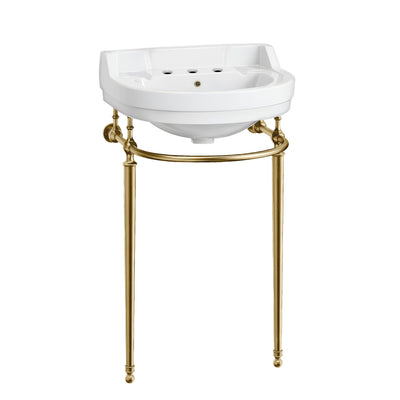 22" console sink with semi-circular bowl, solid brass leg supports and front towel bar