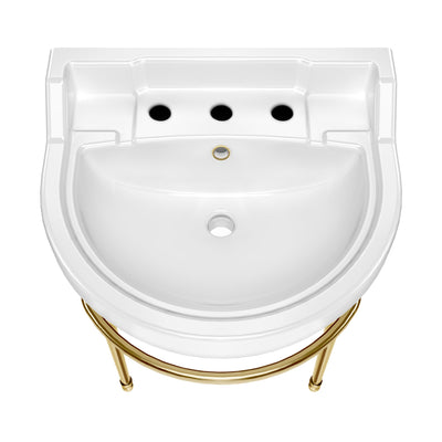 22" console sink with semi-circular bowl, solid brass leg supports and front towel bar