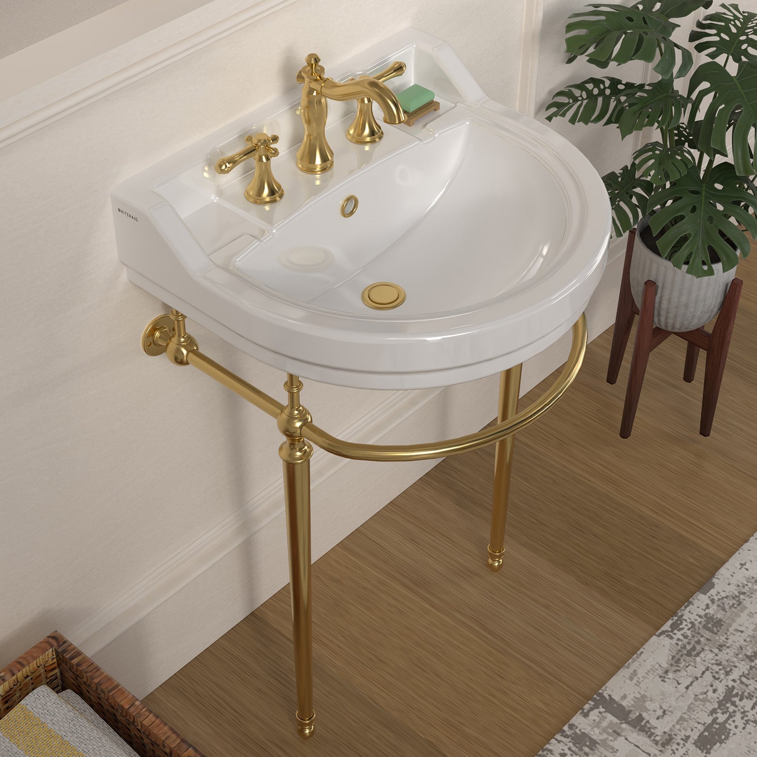 22" console sink with semi-circular bowl, solid brass leg supports and front towel bar