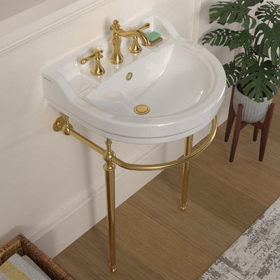 22" console sink with semi-circular bowl, solid brass leg supports and front towel bar