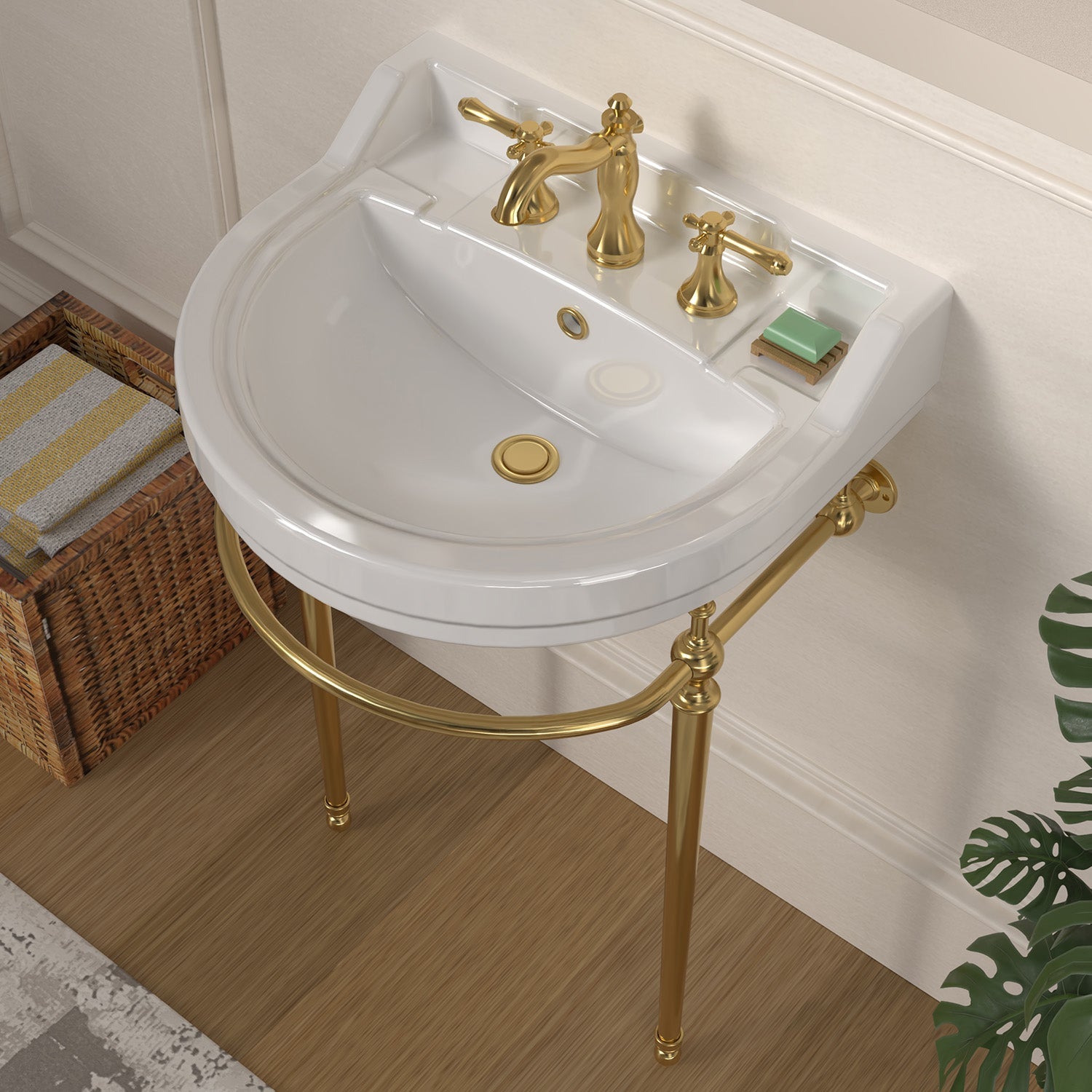 22" console sink with semi-circular bowl, solid brass leg supports and front towel bar