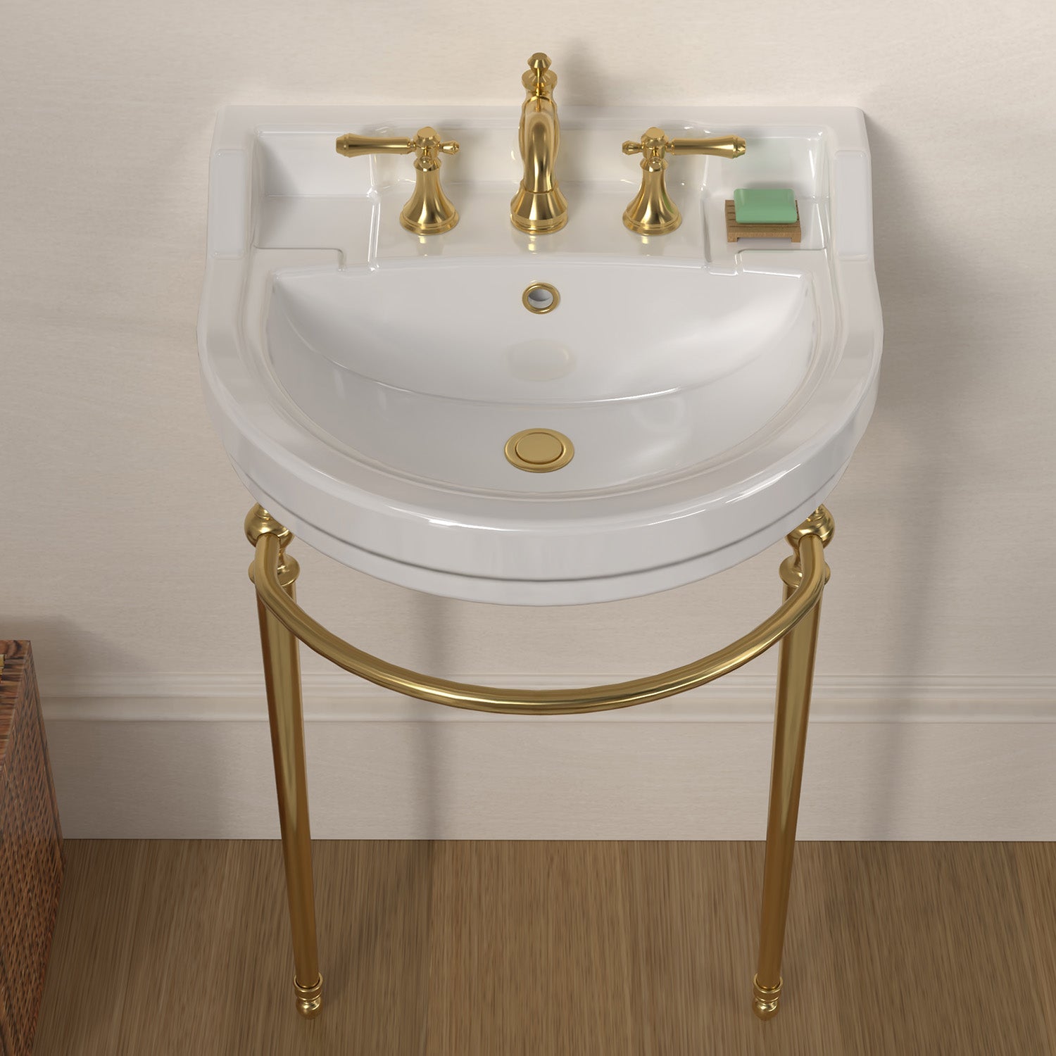 22" console sink with semi-circular bowl, solid brass leg supports and front towel bar