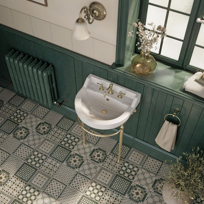 22" console sink with semi-circular bowl, solid brass leg supports and front towel bar