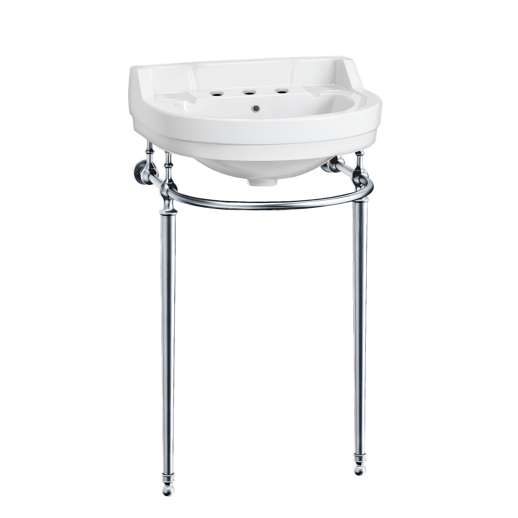 22" console sink with semi-circular bowl, solid brass leg supports and front towel bar