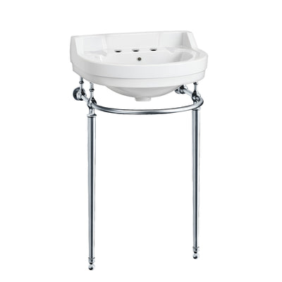 22" console sink with semi-circular bowl, solid brass leg supports and front towel bar